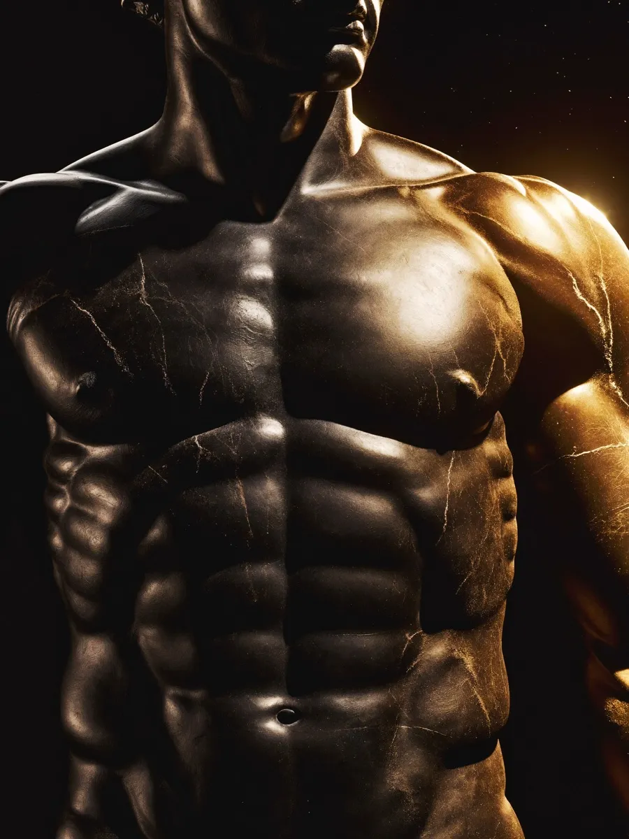 Black marble athlete sculpture with warm gold light